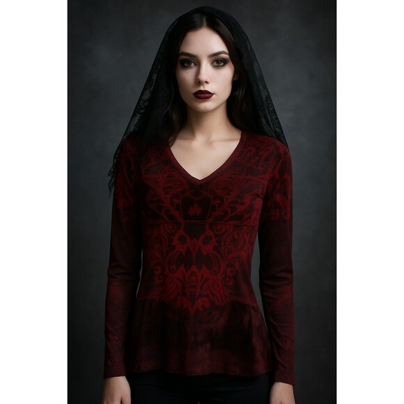 Romantic Goth Fairy Red Black Long Sleeve Velvet Burnout Blouse Renaissance Sz M - Picture 1 of 10